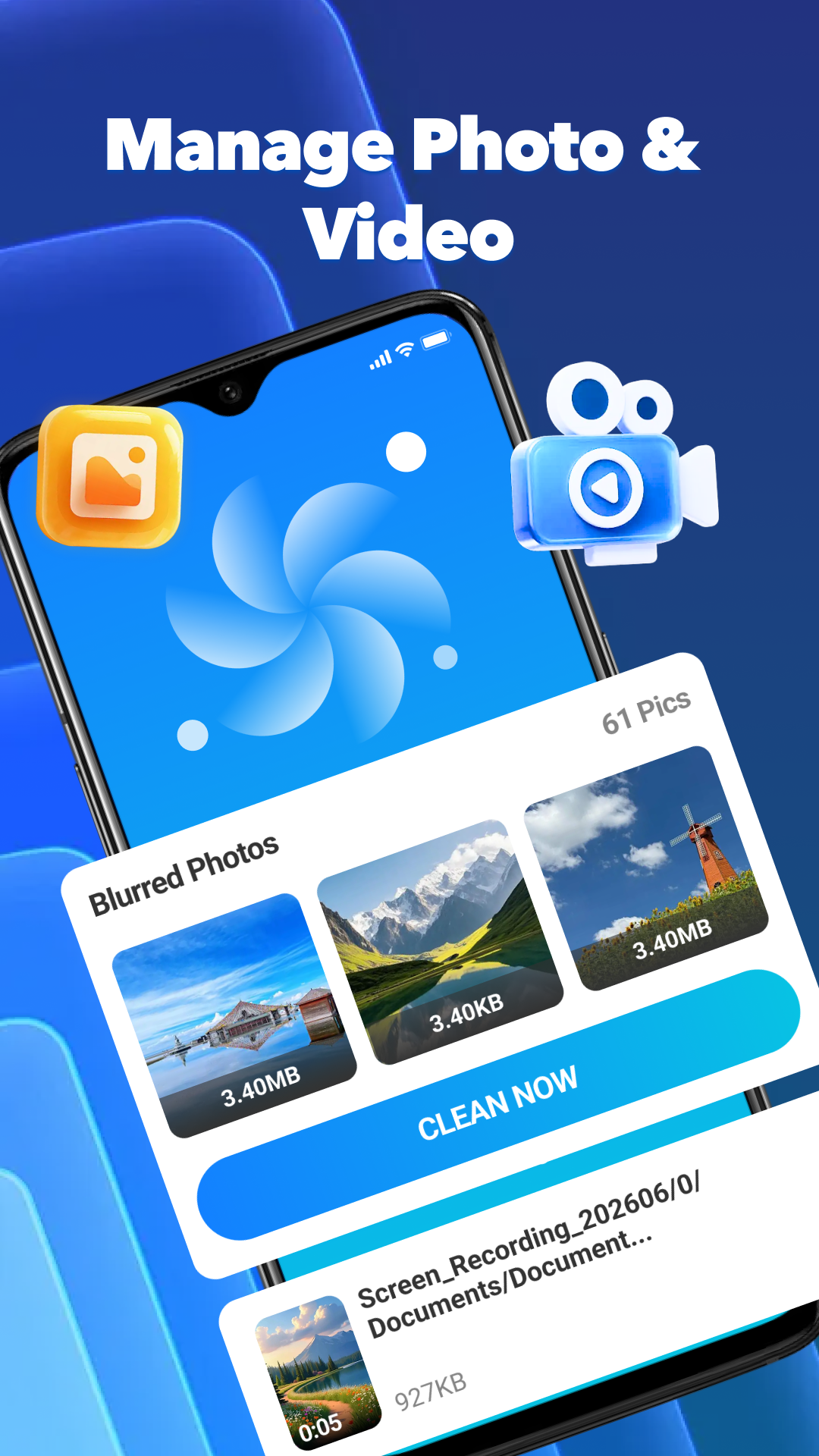 Manage photos and videos screen