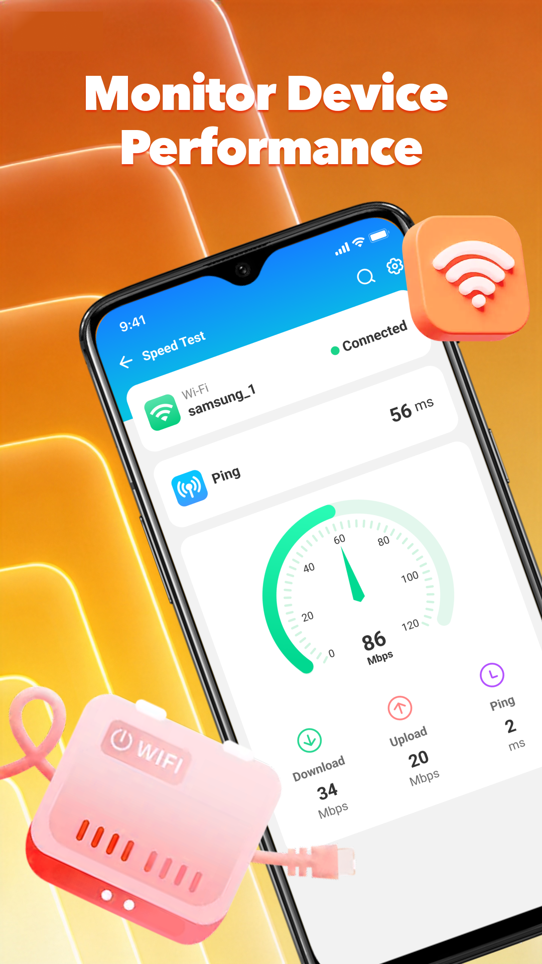 Speed test and network performance screen